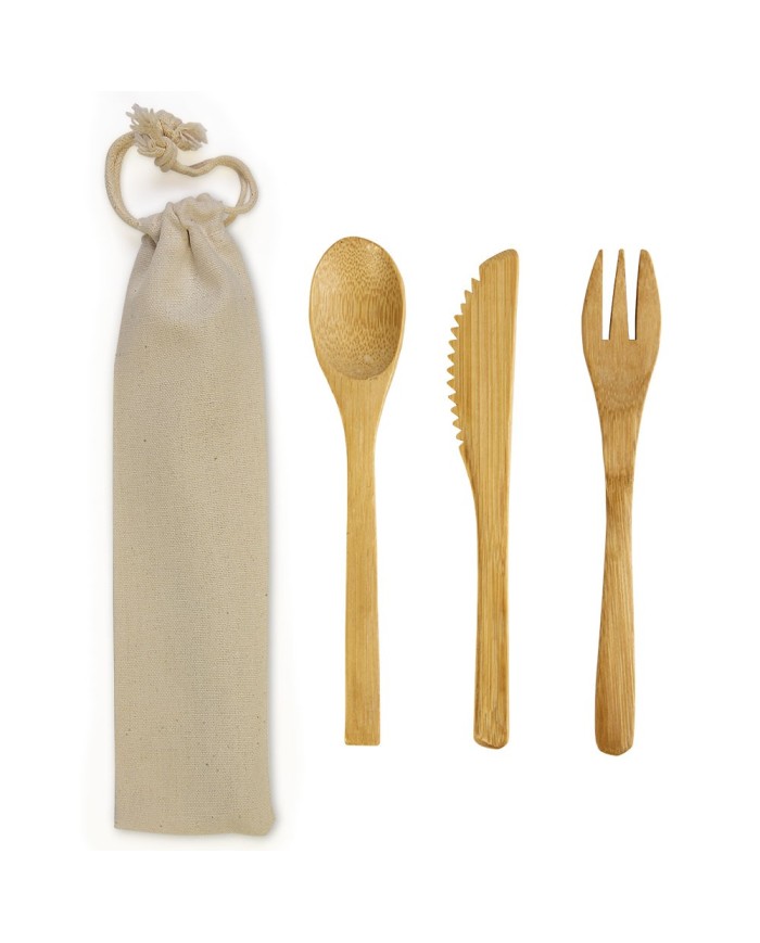 Set posate in bamboo, bustina in cotone
