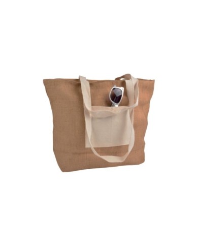 Shopper con soffietto alla base in juta con manici e tasca esterna (18 x 15 cm) in cotone naturale, chiusura con zip