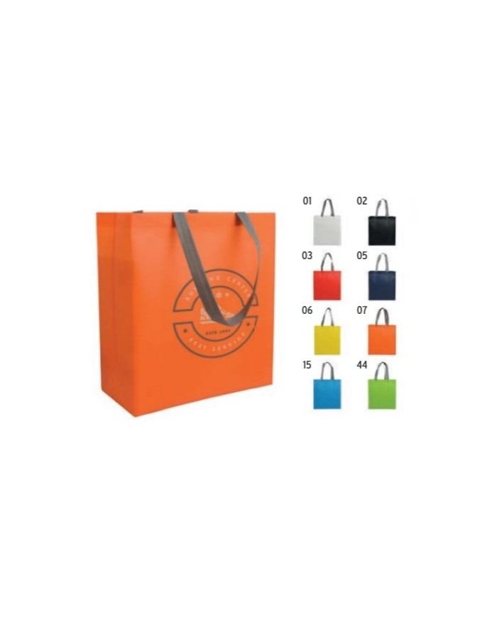 Shopper con soffietto in TNT laminato 100 g/m2 termosaldato, manici lunghi 35x39x16cm