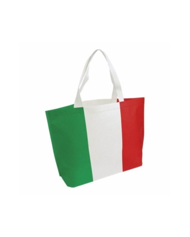 Shopper in TNT termosaldato con stampa tricolore, soffietto alla base e manici lunghi 44x30x10cm