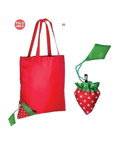 Shopper ripiegabile a forma di fragola in poliestere 190T, con foglia personalizzabile e moschettone in plastica, manici lunghi