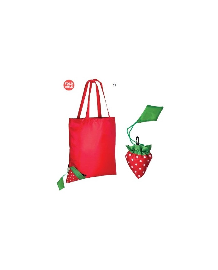 Shopper ripiegabile a forma di fragola in poliestere 190T, con foglia personalizzabile e moschettone in plastica, manici lunghi