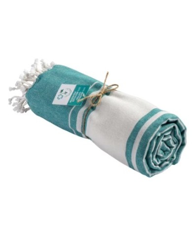 Telo mare/pareo in cotone riciclato 180 gr/m2 con frange, materiale 80% cotone riciclato e 20% poliestere riciclato