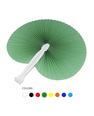 Ventaglio in carta colorata con manico in plastica bianca, lunghezza cm 26 ,
diametro aperto cm 24
