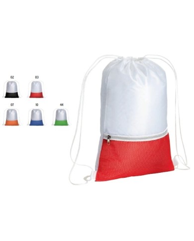 Zainetto in poliestere 210T con tasca zip colorata e chiusura a strozzo