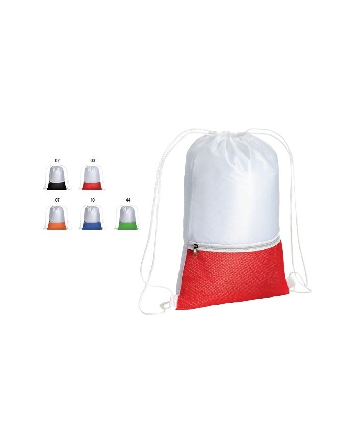 Zainetto in poliestere 210T con tasca zip colorata e chiusura a strozzo