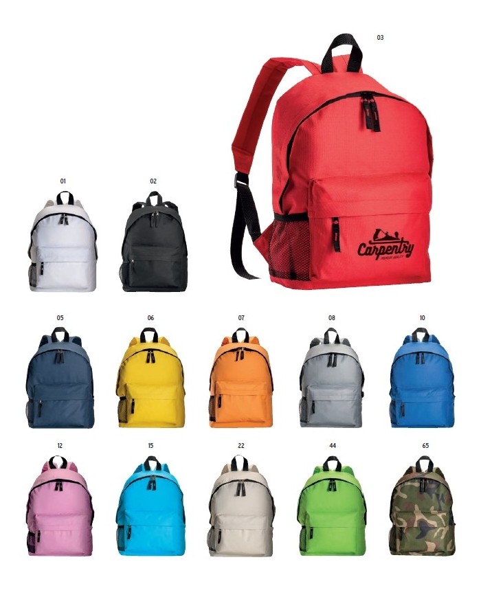 Zaino in poliestere 600D con 3 tasche, di cui una laterale retinata. Spallacci regolabili e schienale imbottito