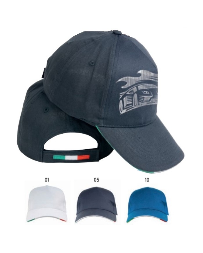 Cappellino in cotone, 5 pannelli con visiera sandwich tricolore e ricamo tricolore sulla regolazione a velcro)