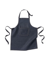 Grembiule in tessuto denim riciciclato con tasca frontale e cuciture a contrasto, chiusura regolabile in metallo