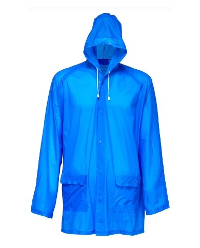 Impermeabile in PVC goffrato (200 gr.), con cappuccio e 2 tasche frontali, inserito in bustina. Taglia unica