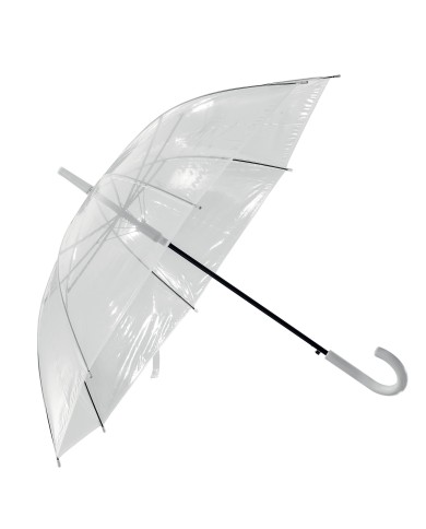 Ombrello automatico in poe trasparente con fusto in acciaio e manico curvo in plastica