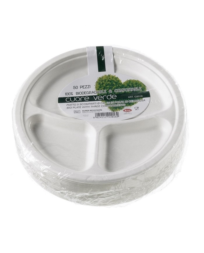 Piatto rotondo in polpa di cellulosa compostabile 3 scomparti Ø26cm 50pz