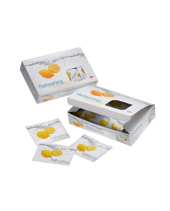 Salvietta rinfrescante in TNT imbustata singolarmente al limone 9x7cm 100pz
