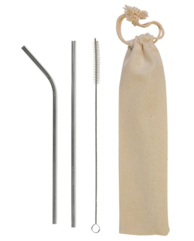 Set con due cannucce in acciaio inossidabile e unoscovolino per la pulizia, bustina in cotone