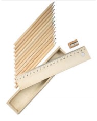 Set di 12 matite in legno con righello e temperino, in scatola di legno