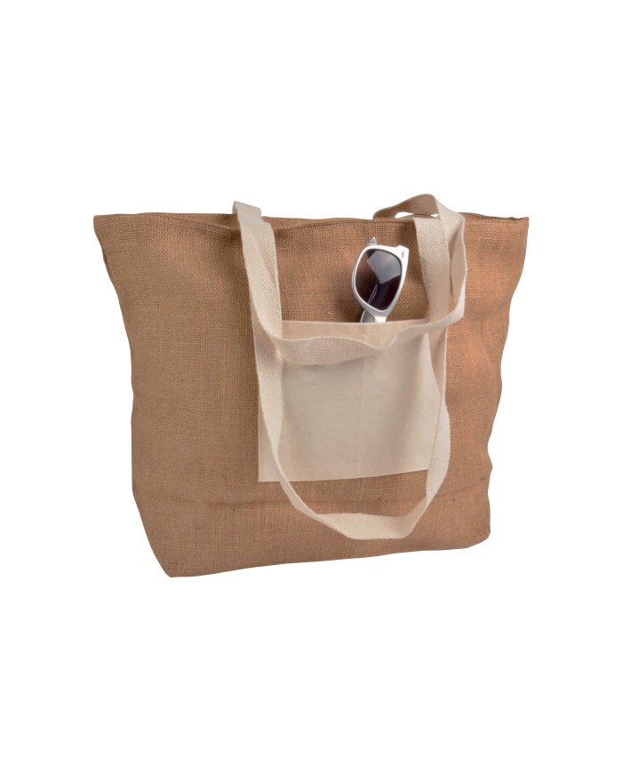 Shopper con soffietto alla base in juta con manici e tasca esterna (18 x 15 cm) in cotone naturale, chiusura con zip