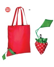 Shopper ripiegabile a forma di fragola in poliestere 190T, con foglia personalizzabile e moschettone in plastica, manici lunghi