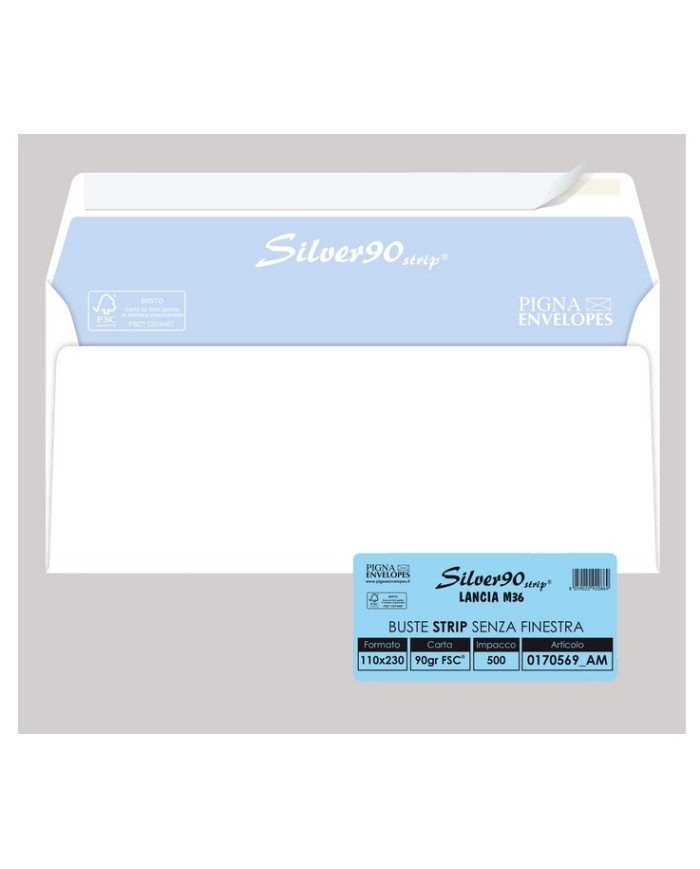 Busta Silver90 Strip FSC® senza finestra internografata 11x23 cm 90 gr bianco Pigna 500 pezzi